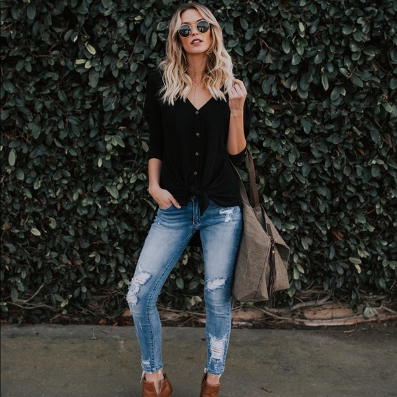 Black Thermal Waffle Knit Button Down Knot Top - Picture 5 of 7